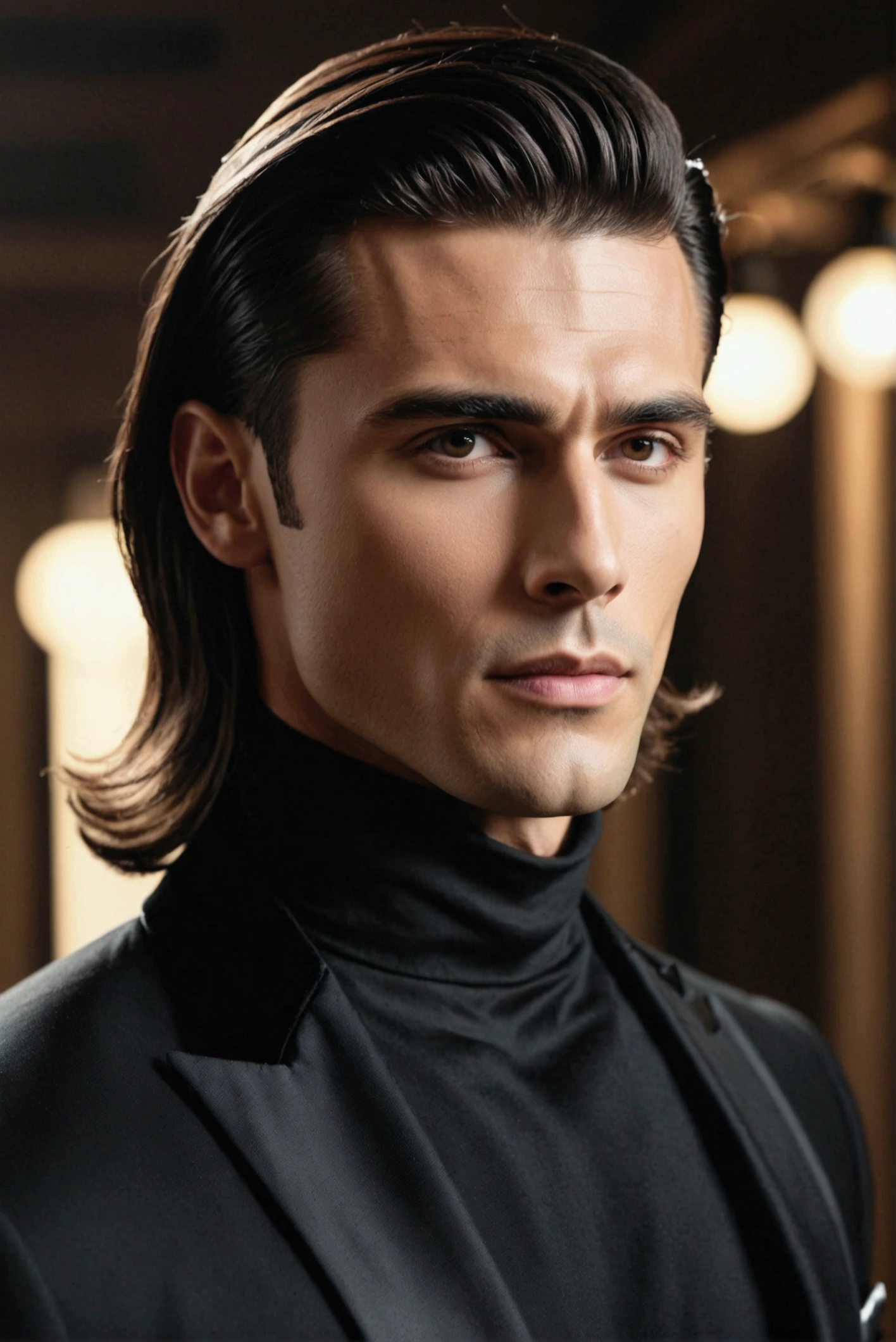 Handsome sexy guy wearing black high neck and having long haircut and sharp jawline having cheeckbones
