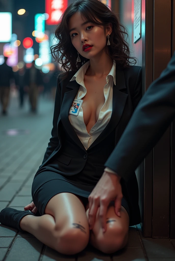 /quality
(masterpiece,best quality,high resolution,High Quality,Realistic)
/hair style
(Curly Hair)
/Clothes
(pencil skirt,job interview suit,Black jacket,torn pantyhose:1.5,earring)
/Pose
Bend over,sit
lean against a wall,
legs spread:1.5
(Ahegao,orgasm,steam:1.5,swet:1.5),
/Other
asian,crowd:1.5,fair skin,foot focus,lean against a wall,men,s hand:1.5,night, Roadside,ID card,
