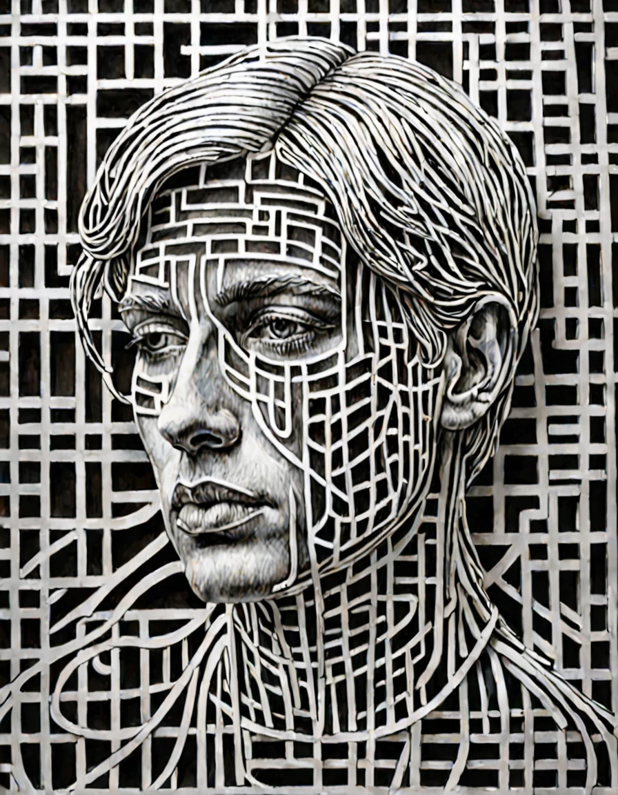 (Lost in thought:0.0) A complex maze of delicate lines, Layers of transparency, Represents a complex and tortuous journey of introspection, Hyper-realistic facial features