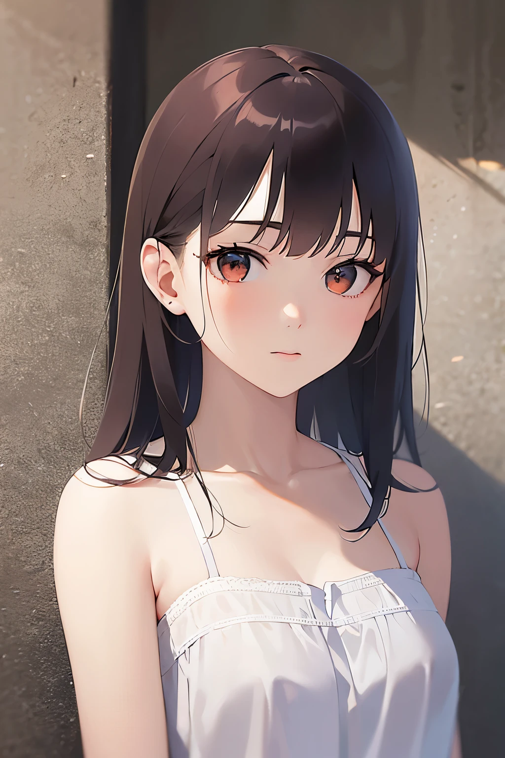 （looking away1.5）Upper Body, facing viewer、
Realistic, real person, (pale skin: 1.2), RAW photo, photorealistic, shiny skin, shiny hair、(A 25-year-old woman with medium-length hair and bangs) and (wavy hair) and (brown hair) and (orange eyes) ,
（White camisole dress：1.5）、
worried,In town、(alone:1.5)