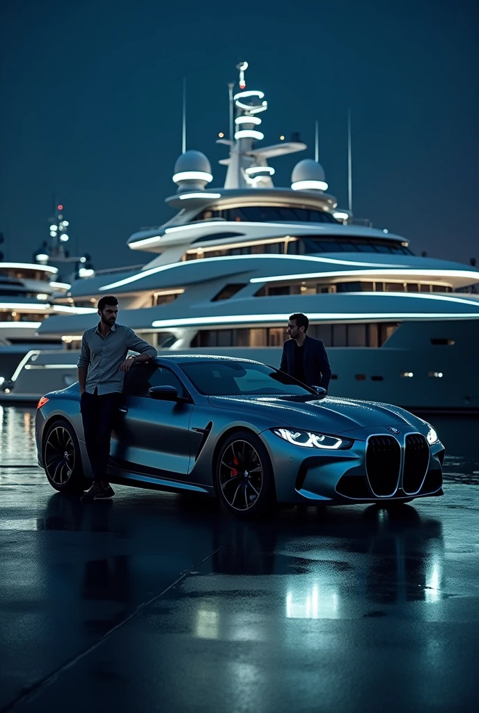 Setting and Environment:The setting is a nighttime scene at what appears to be an exclusive marina, surrounded by luxury yachts. The sky is dark, indicating that it’s late in the evening or at night.The background is dominated by a massive, modern yacht docked just behind the car and the two men. The yacht is lit up with bright, white lights, emphasizing its grandeur. The lights are arranged in sleek, horizontal lines along the edges of the yacht, giving it a futuristic appearance.Additional boats or parts of yachts can be seen faintly in the background, indicating that this marina is likely home to several large vessels. The reflections of the yacht's lights on the water create a shimmering effect, adding to the overall opulent atmosphere.The marina itself has a clean, well-maintained paved surface. The pavement is dark and smooth, with subtle reflections of light from the yacht and other surrounding sources, contributing to the high-end feel of the location.The Car:The BMW in the foreground is a high-performance, luxury sports car. It is a dark black or deep charcoal color, with a high-gloss finish that reflects the lights from the marina.The front of the car is facing the camera, displaying its aggressive, sporty design. The grille is large and prominent, with the iconic BMW star emblem centered at the front.The car’s headlights are sleek and sharp, though they are not turned on in the image. The design of the headlights adds to the car's modern, high-tech appearance.The car is parked at a slight angle, not directly facing the camera but slightly turned to the side. This angle allows for a better view of its side profile, highlighting its low, aerodynamic stance.The Men:Man on the Left:This man is standing casually to the left of the car, closer to the front end. His posture is relaxed, with his legs slightly apart and his left hand resting loosely by his side.He is wearing a loose, light yellow or beige button-up shirt, which appears to be made of a lightweight