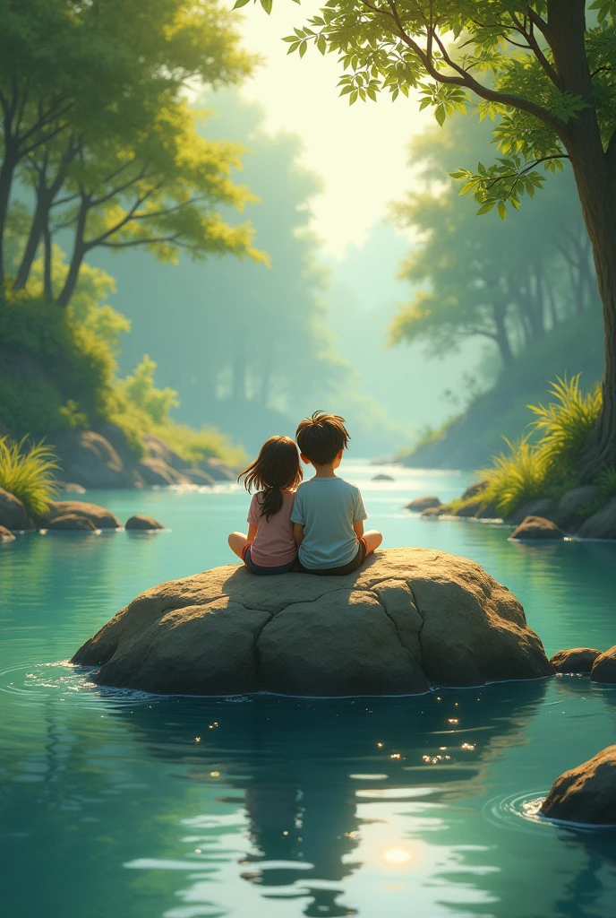 Picture of a boy and a girl sitting on a rock in the middle of the river