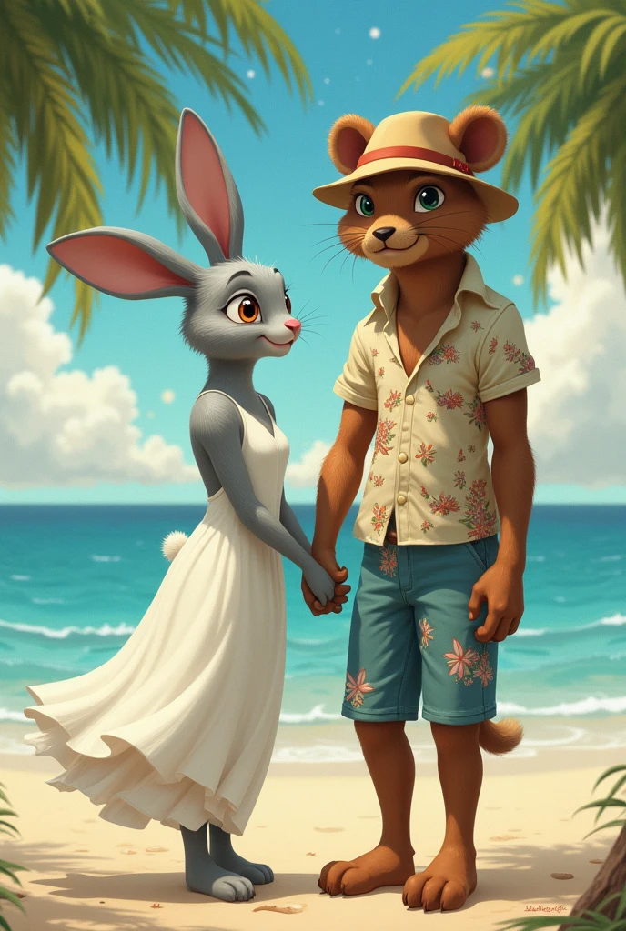 Coneja adoliscinte ALTA, cuerpo sexi COLOR GRIS parada CON vistido largp blanco, in, Ojos marronis claros, EN inN PAISAJE playero, istilo Disney , Palmas, Coloris cálidos, is. Greg Rutkowski, by Alphonse Mucha. Next to the rabbit is a tall brown bear., slim build with light eyes, pantaloneta color azul con floris, camisa de floris con ropa de playa y sombrero playero. tomados de la mano in una pose relajada.
