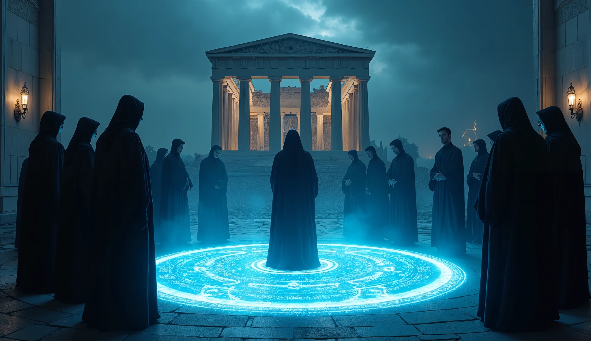 8k、(number々の賞を受賞したmasterpiece、Incredible detail、Texture、Maximum details), (summoning magic),(The Parthenon at night (Parthenon) - Greece), (A complex and elaborate magic circle that shines blue)arafed image of a group of people in a church with candles,lit candle, dark cinematic concept art, elegant cinematic fantasy art, photorealistic dark concept art, by Beeple, dark robes, wojtek fus, gothic epic library concept, gothic epic library, epic cinematic concept art, dark concept art, Beeple and mike winkelmann, symmetrical epic fantasy art, High resolution, masterpiece, Highest quality, Intricate details, Very detailed, Clear focus, practical skin texture, texture,  Shot with Canon, 85mm, Shallow and deep, Kodak Vision Color, Exactly, Very detailed, photograph_\(Extremist\), photographpractical, practical, Post-processing, Maximum details, Roughness, Real Life, Extremist practical, Photorealism, photographgraphy, 8K Ultra HD, photographgraphy
