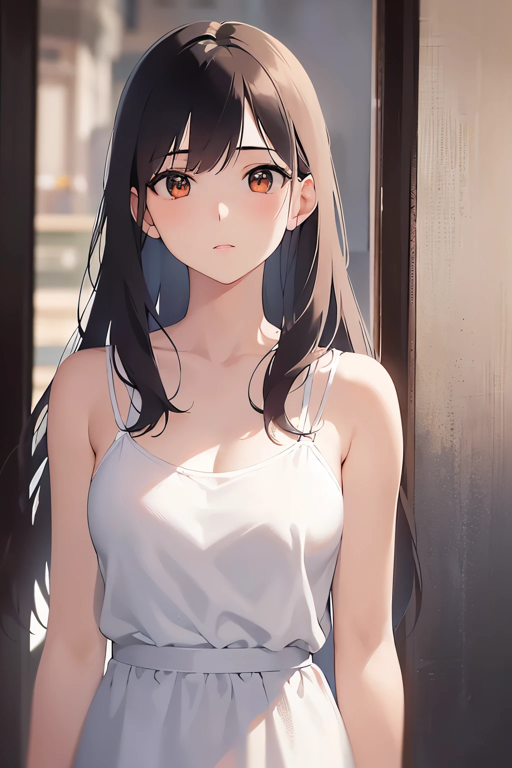 （looking away1.5）Upper Body, facing viewer、
Realistic, real person, (pale skin: 1.2), RAW photo, photorealistic, shiny skin, shiny hair、(A 25-year-old woman with medium-length hair and bangs) and (wavy hair) and (brown hair) and (orange eyes) ,
（White camisole dress：1.5）、
worried,In town、(alone:1.5)