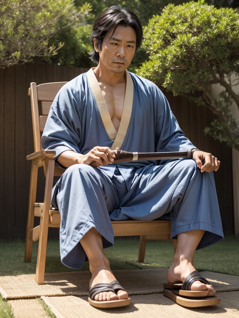 a Photorealistic wide shot of Japanese actor Shintaro Katsu in his early 50’s as his character Zatoichi the blind swordsman sitting in a lawn chair wearing traditional Japanese sandals while playing a banjo