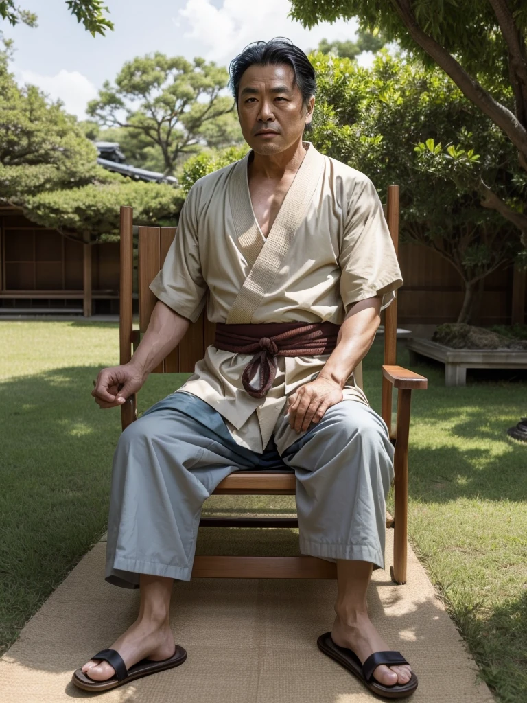 a Photorealistic wide shot of Japanese actor Shintaro Katsu in his early 50’s as his character Zatoichi the blind swordsman sitting in a lawn chair wearing traditional Japanese sandals while playing a banjo