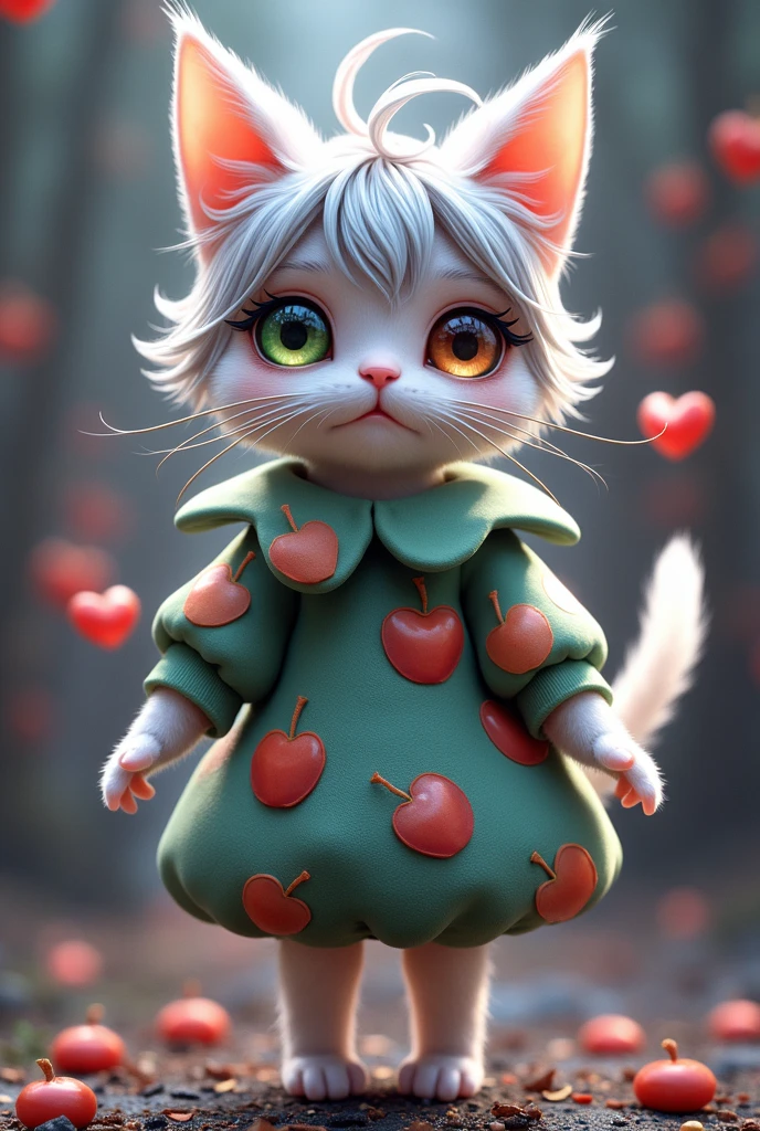 Super mini size、Eyes々Crisp、One eye is green and the other is brown、Long, curled eyelashes、Hair is silver、Cat ears、Wearing an apple costume