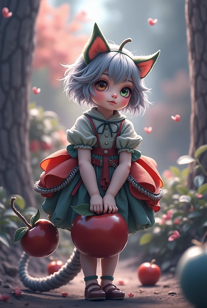 Super mini size、Eyes々Crisp、One eye is green and the other is brown、Long, curled eyelashes、Hair is silver、Cat ears、Wearing an apple costume