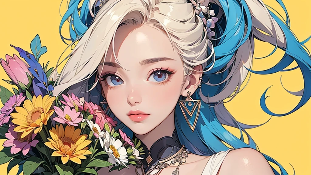 32K, 最高quality, 最高masterpiece, (ultra-Detailed Background, Detailed Background), High resolution, Super detailed, Very detailedな, 1 personの, (bouquet:1.3), (Tangled:1.2), (Geometric:1.2),(colorful),(masterpiece, quality, best quality, Official Art, Beautiful and beautiful:1.2), (1 person:1.3), Very detailed,(colorful:1.1)(Flowers:1.3),Most detailed,(Tangled:1.2), whole body, (Abstract background:1.3), (Skin glows), (Many colors:1.4), ,(Earrings Jewelry:1.5), Pale yellow background, It's imaginative., Milk tea colored hair, Updo,