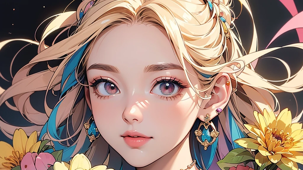 32K, 最高quality, 最高masterpiece, (ultra-Detailed Background, Detailed Background), High resolution, Super detailed, Very detailedな, 1 personの, (bouquet:1.3), (Tangled:1.2), (Geometric:1.2),(colorful),(masterpiece, quality, best quality, Official Art, Beautiful and beautiful:1.2), (1 person:1.3), Very detailed,(colorful:1.1)(Flowers:1.3),Most detailed,(Tangled:1.2), whole body, (Abstract background:1.3), (Skin glows), (Many colors:1.4), ,(Earrings Jewelry:1.5), Pale yellow background, It's imaginative., Milk tea colored hair, Updo,