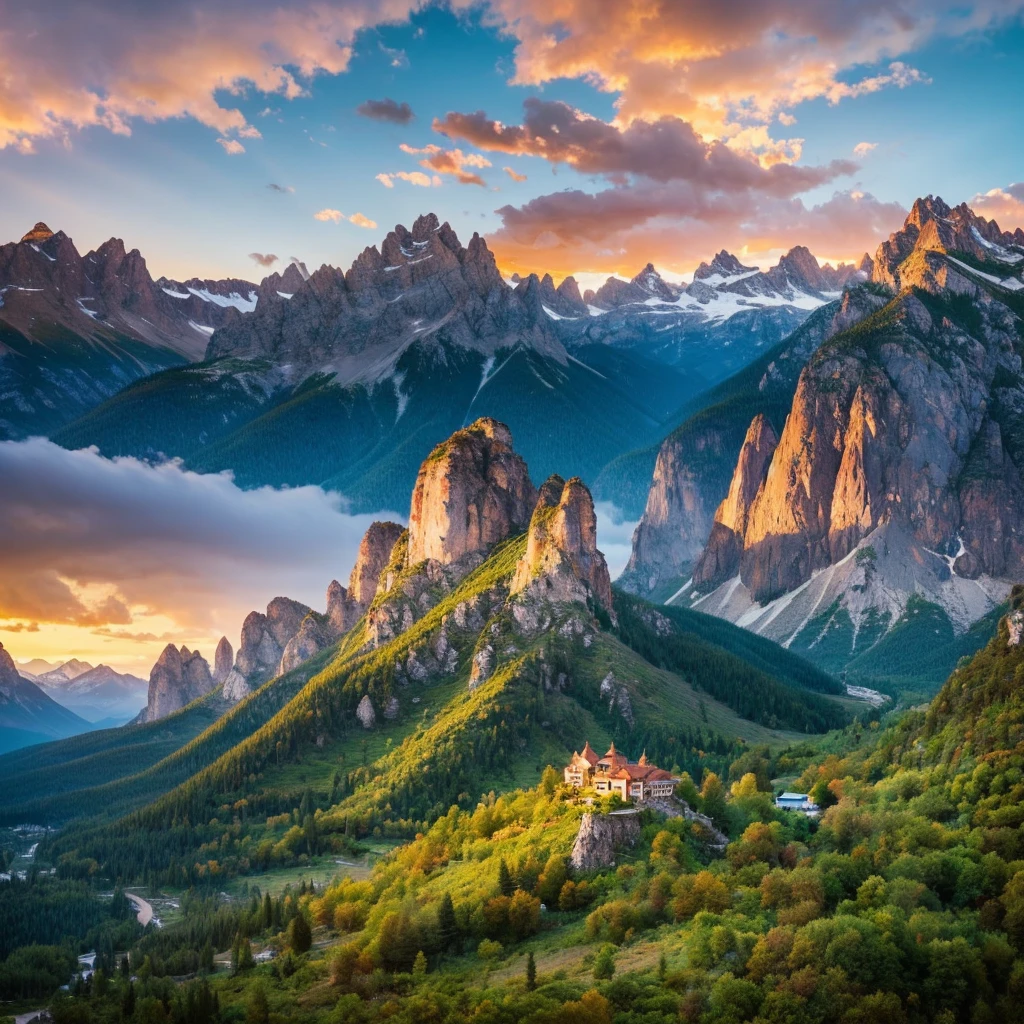 Sunrise over a landscape with mountains and forests There are no people or animals