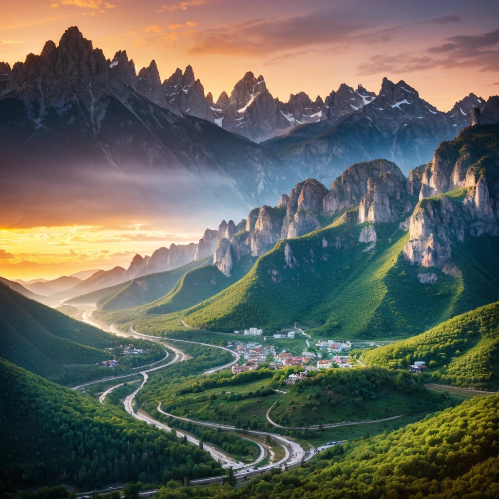 Sunrise over a landscape with mountains and forests　There are no people or animals
