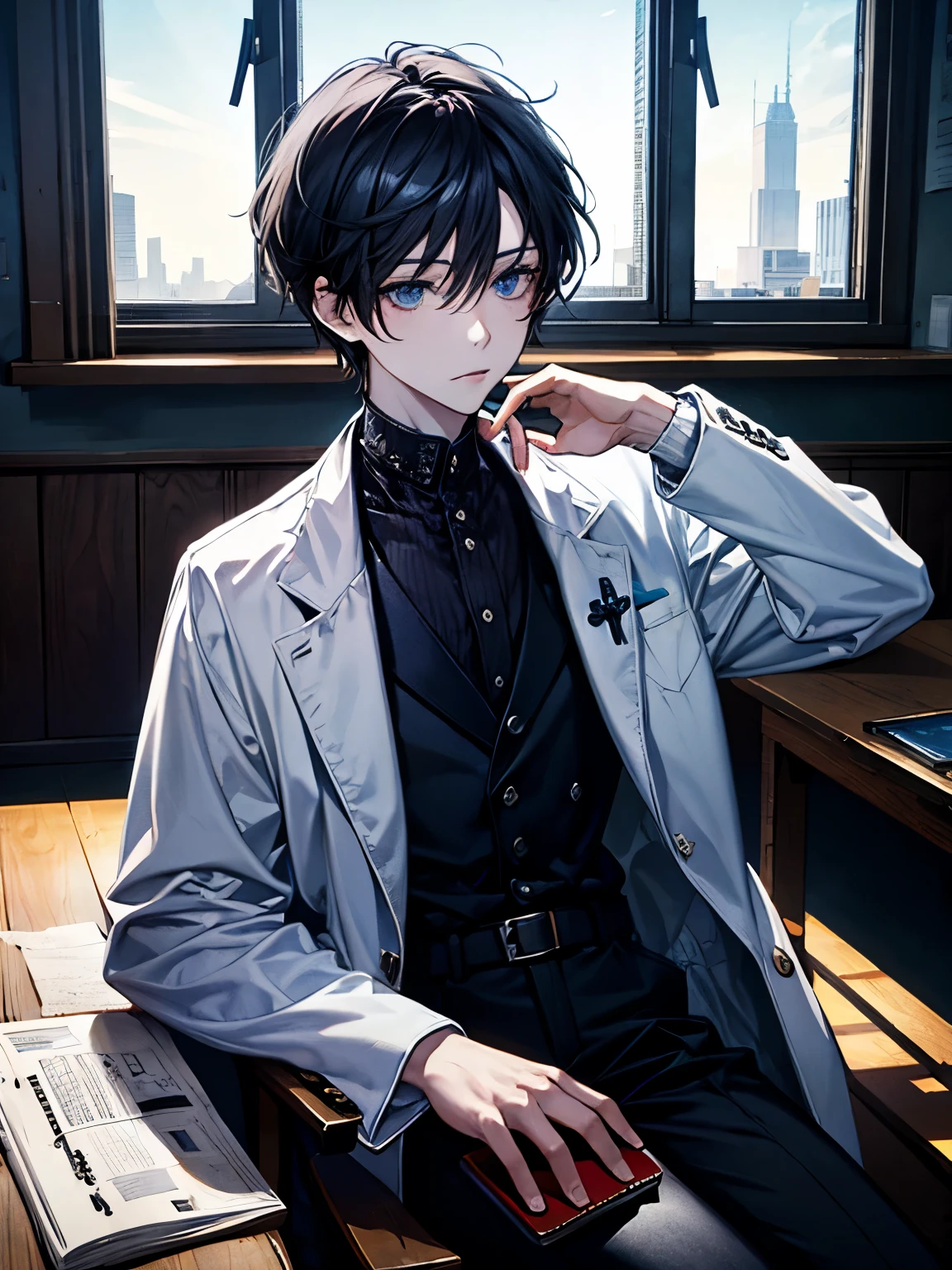 (1man), solo, handsome man,{beautiful detailed eyes}, {{{masterpiece}}}, {{{best quality}}}, {{ultra-detailed}}, {illustration}, perfect hands, (magazine cover:1.4), doctor, short black hair, piercing blue eyes, wearing a white coat over a neatly pressed white shirt, serious expression, writing notebook, The setting is a modern examination room with medical equipment, window letting in natural light, crossed leg, sitting, side view, looking away from the camera,