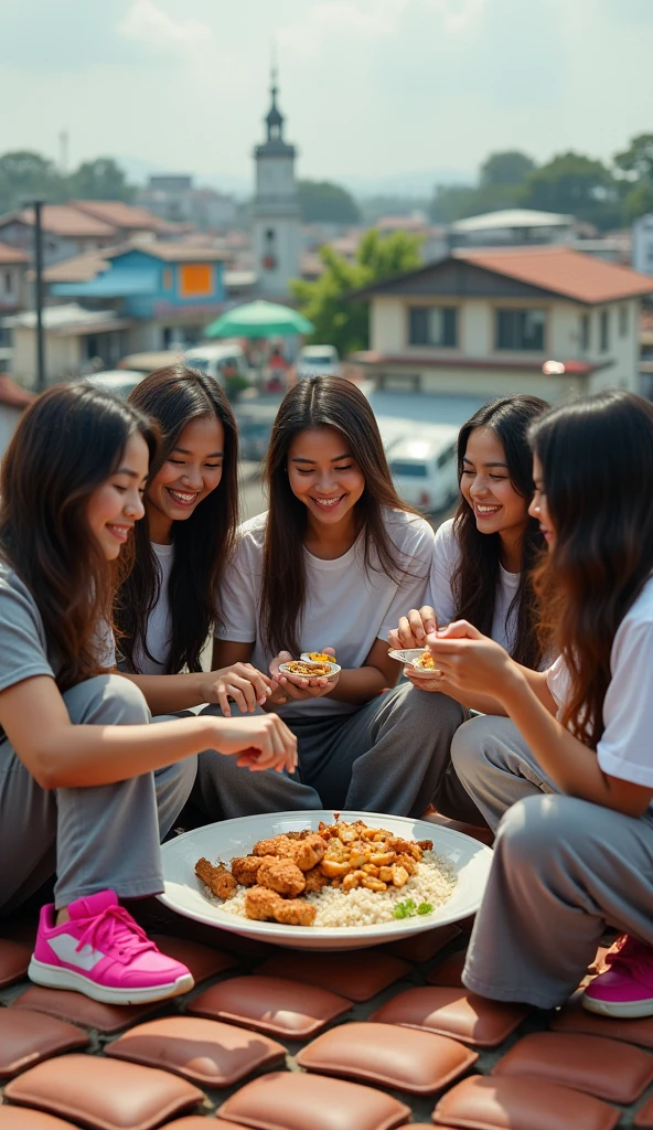 5 beautiful indonesian women, sligthtly fat body, white skin, long wavy hair, big nose, wearing a t-shirt, long trousers, wearing pink sneakers, sitting on the roof tiles of the house, while eating a large plate of rice and fried chicken, crowded with vehicles, minimal flawed, highly detailed, realistic
