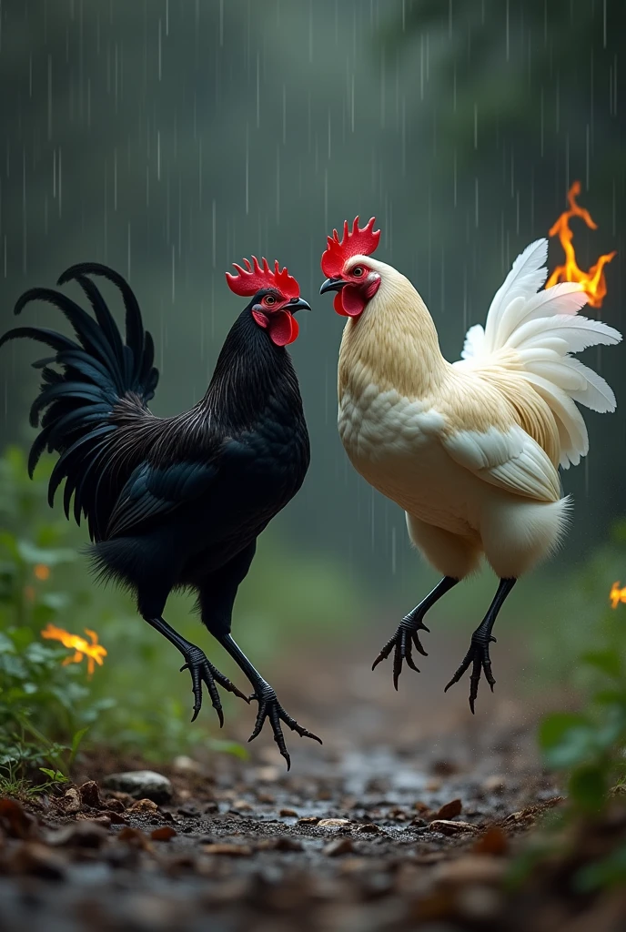 Natural background with black shade, small rain, two fighting height one chicken is black colour and another is full white chicken on air,both the chicken are Indian breed, small flame on sides of feathers of chickens, chicken legs black colour,  