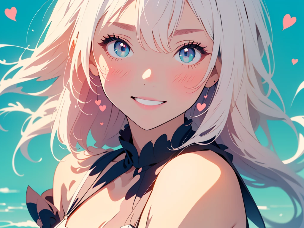 (Exquisite, beautiful, Very detailed, masterpiece, high quality,High resolution),(Well-formed face,Soft and thin lines: 1.2, Beautiful and delicate illustrations with a mature and transparent feel, Pixiv-inspired anime illustration,A beautiful girl illustration with a cute smile in pastel colors that would go viral on Twitter among Japanese people),A fashion model, who looks like a pure college student, is posing like a model.,A delicate face with a translucent quality, Summer outfit,(Beautiful smile),(Slightly wavy, flowing medium-length hair), (A pale pink blush, Plump pink lips,Quite a large bust,Fair skin, Good style,Long, Slender legs),Hearts float,