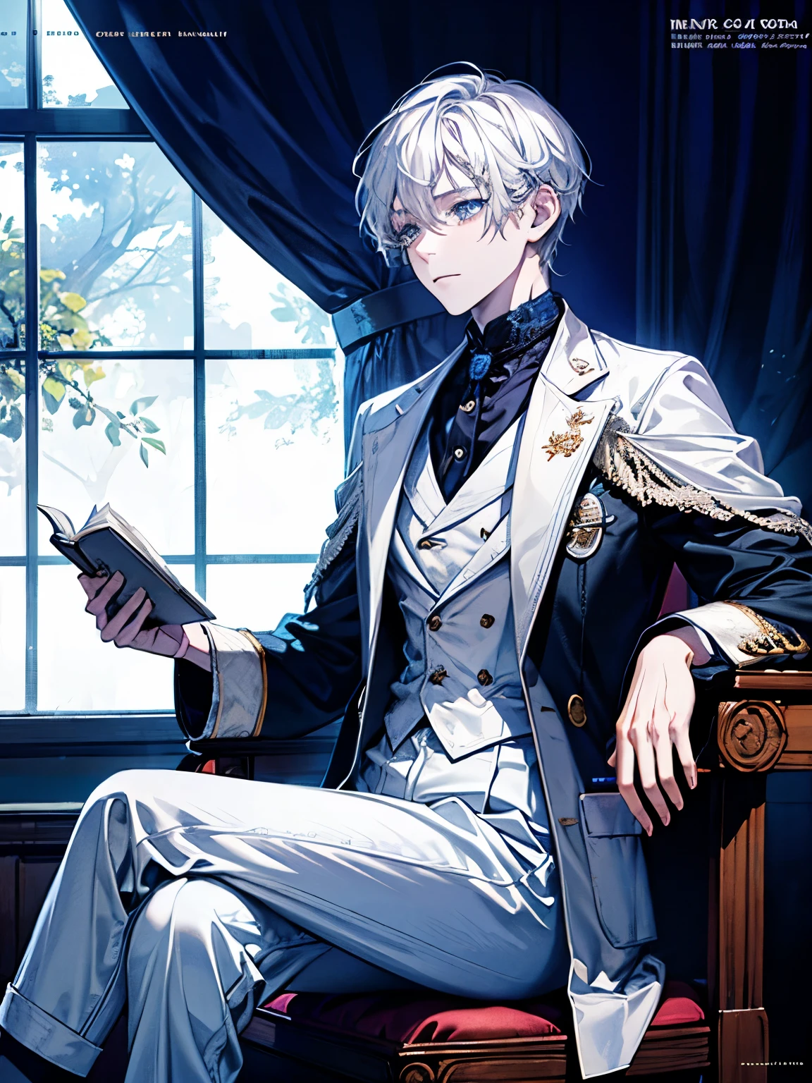 (1man), solo, handsome man,{beautiful detailed eyes}, {{{masterpiece}}}, {{{best quality}}}, {{ultra-detailed}}, {illustration}, perfect hands, (magazine cover:1.4), doctor, short black hair, piercing blue eyes, wearing a white coat over a neatly pressed white shirt, serious expression, writing notebook, The setting is a modern examination room with medical equipment, window letting in natural light, crossed leg, sitting, side view, looking away from the camera,