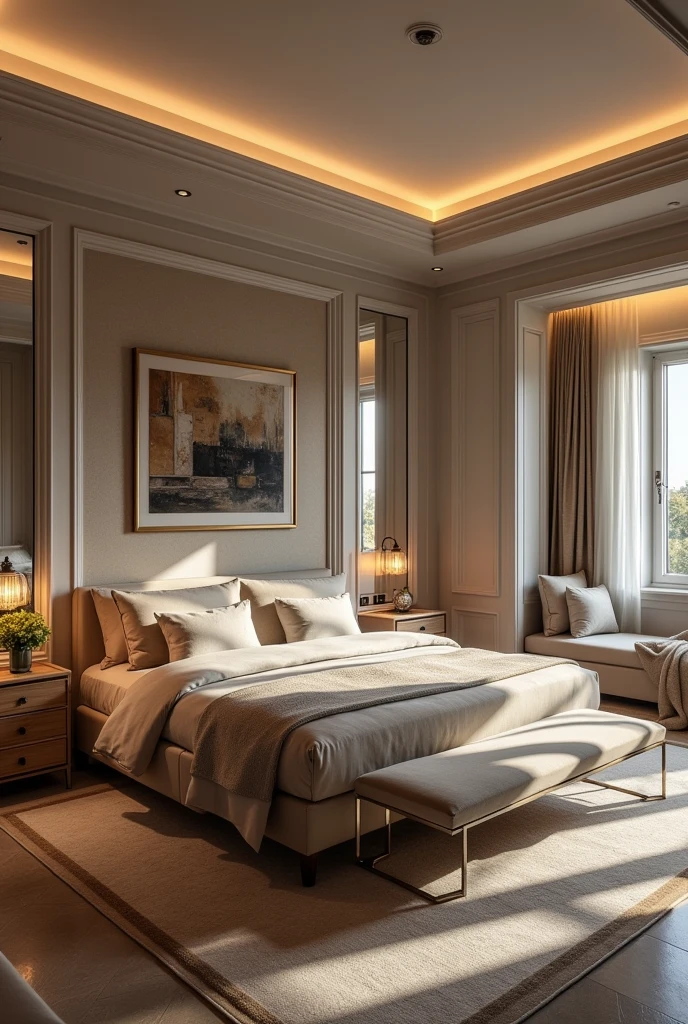 Stylish bedroom measuring 420 cm by 360 cm with bathroom