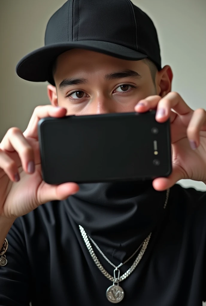 Realistic image of an 18-year-old taking a selfie with a cell phone, white skin tone, black shirt, silver chain, all black cap with curved brim, big black bandana around throat. shaven hair, and the cell phone covering the face.