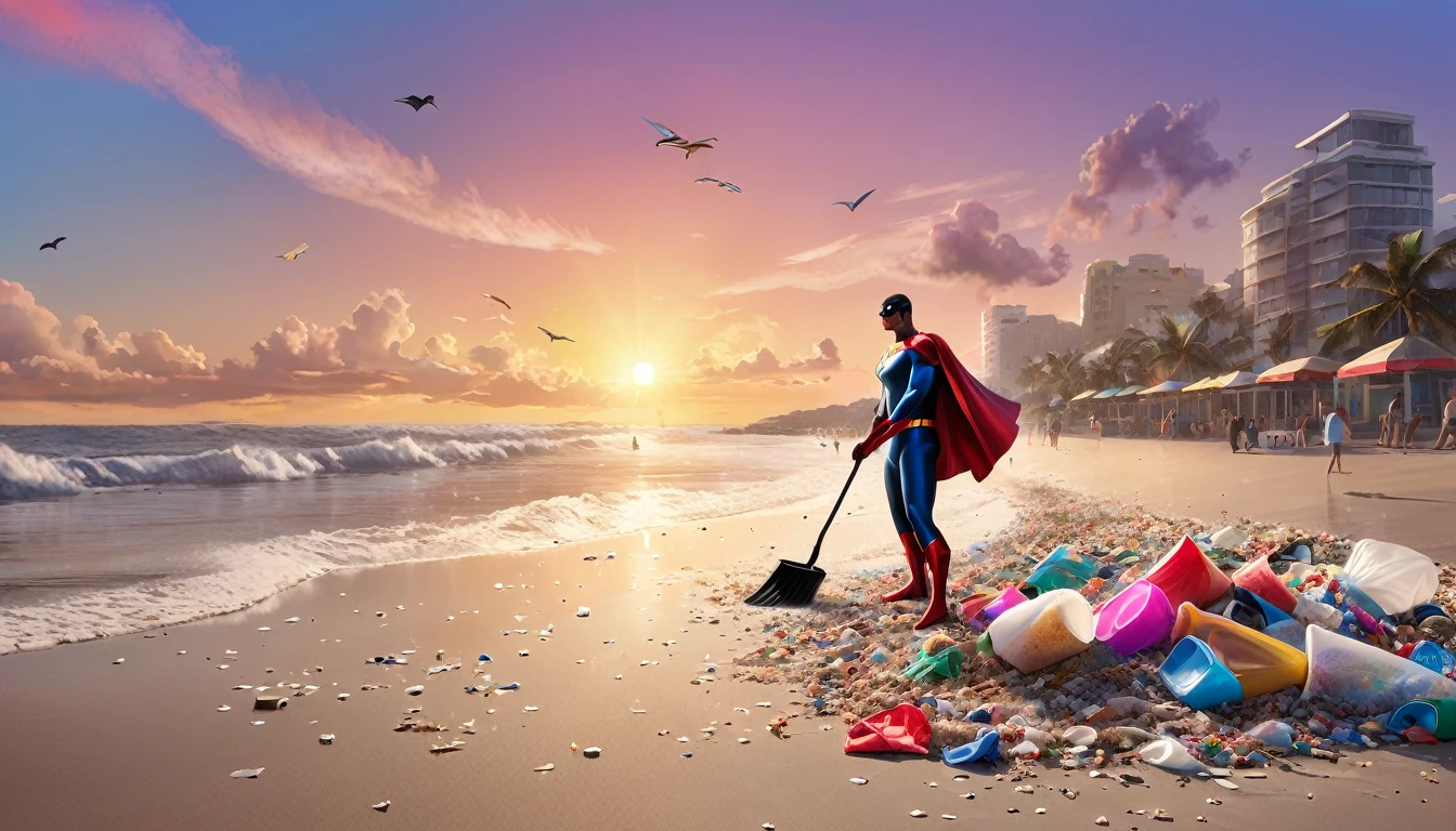 A digital art of a superhero cleaning up a beach full of plastic, with a sunset background