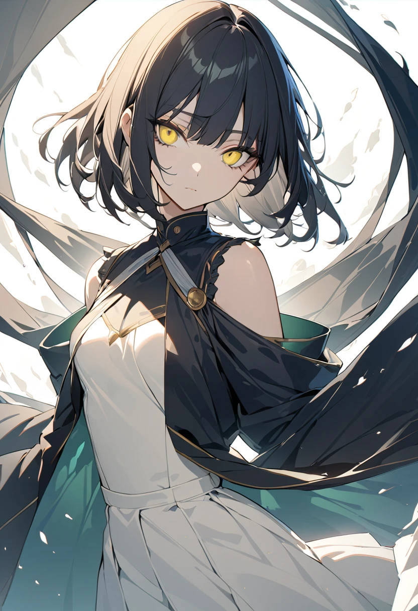 A girl, Best Quality, masterpiece, expressionless, beautiful, large eyes, hime cut, by the wide, greenish yellow eyes, black coat, magic of the wind, White background