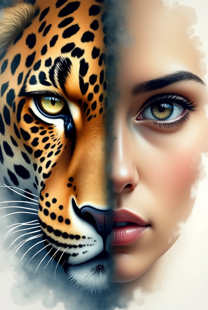Create a watercolor drawing of the eyes of a jaguar and a man
