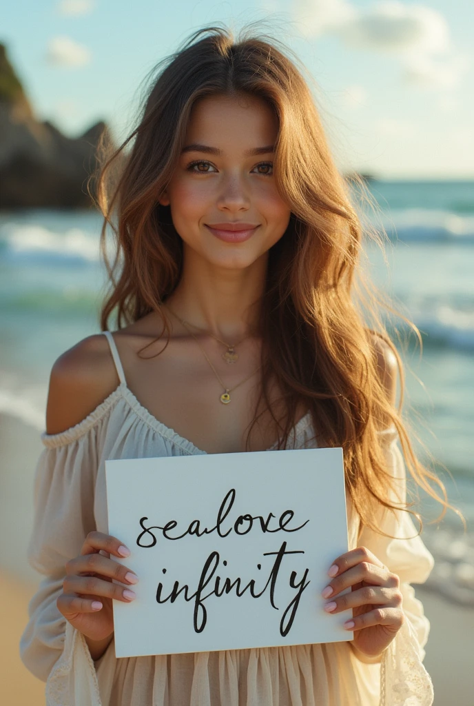 Beautiful girl with wavy long hair, bohemian dress, holding a white board with text "I Love Seaart Infinity" and showing it to the viewer