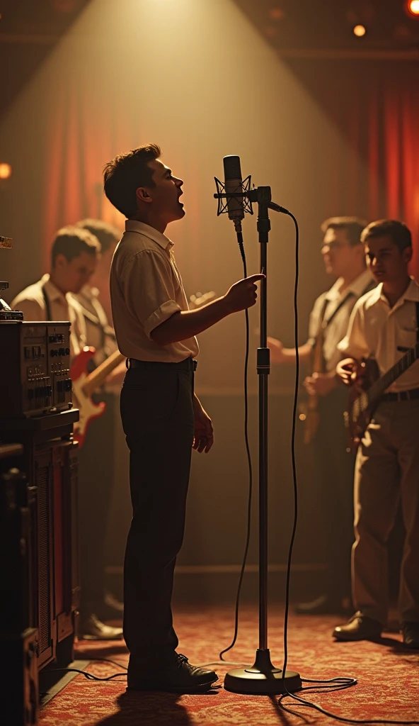 A 1940s recording studio with a warm, sepia glow. In the center, an old-fashioned microphone is surrounded by vintage analog equipment. A young man, personified as a song, stands by the microphone, dressed in a 1940s style dress. hi exudes excitement and energy as hi sings. Musicians play in the background, with instruments typical of the era. The room feels alive with the birth of a new creation. (size: 1024x1024)
