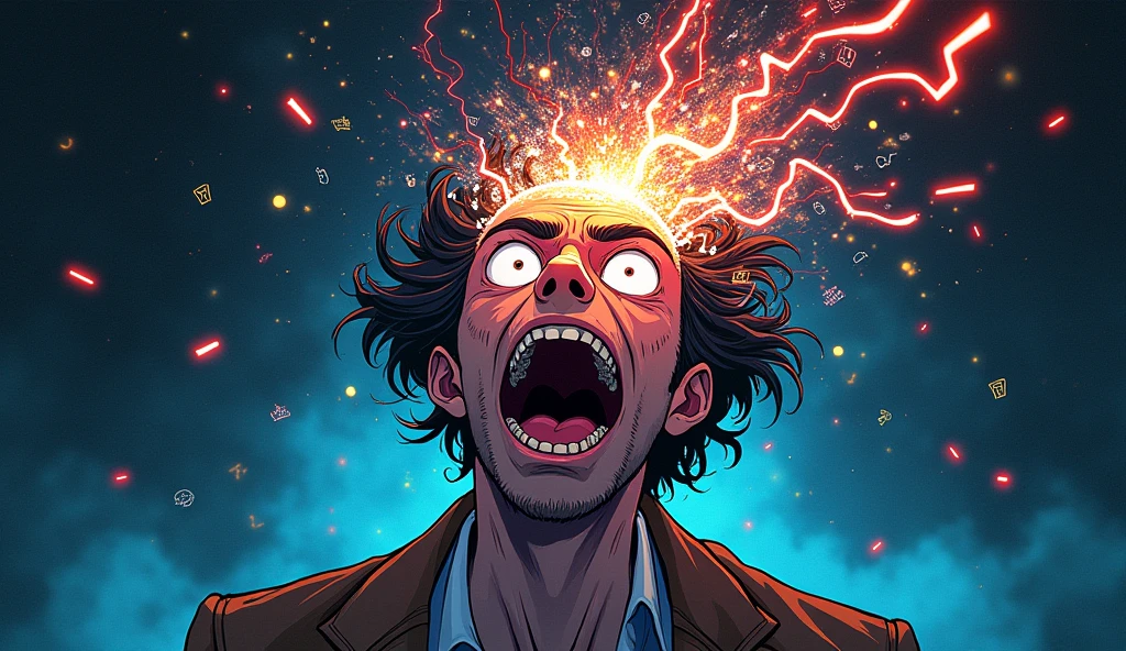 Anime-style man with a wild, intense expression on his face, as if he's in the middle of a brainstorming frenzy. His eyes are wide open, glowing with manic energy, and his hair is disheveled, flying in all directions. The top of his head is transparent, revealing a vibrant, swirling brain filled with electric sparks, colorful ideas, and complex patterns. He is surrounded by chaotic sketches, symbols, and lightning bolts, symbolizing the torrent of thoughts racing through his mind. The background is dark with flashes of neon colors, highlighting the intensity and creativity of his mental state.