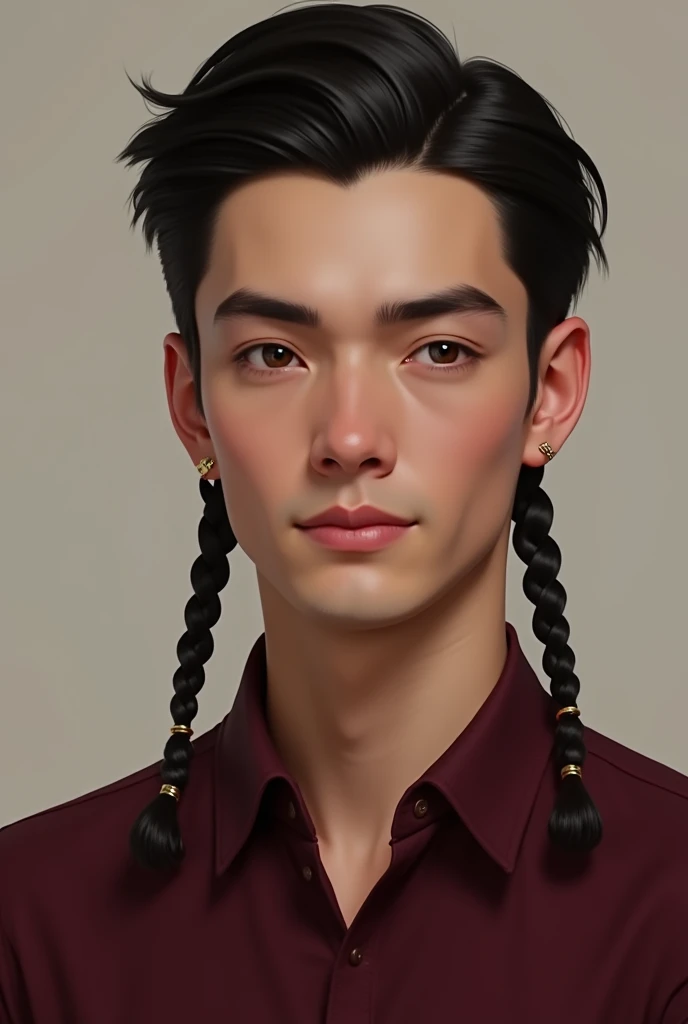 Young man 1, brown eyes, oval face, short, straight, dark hair with a hairstyle that is slicked back, a wine-colored shirt, a pair of braids and defined eyebrows  white skin and proportional ears 