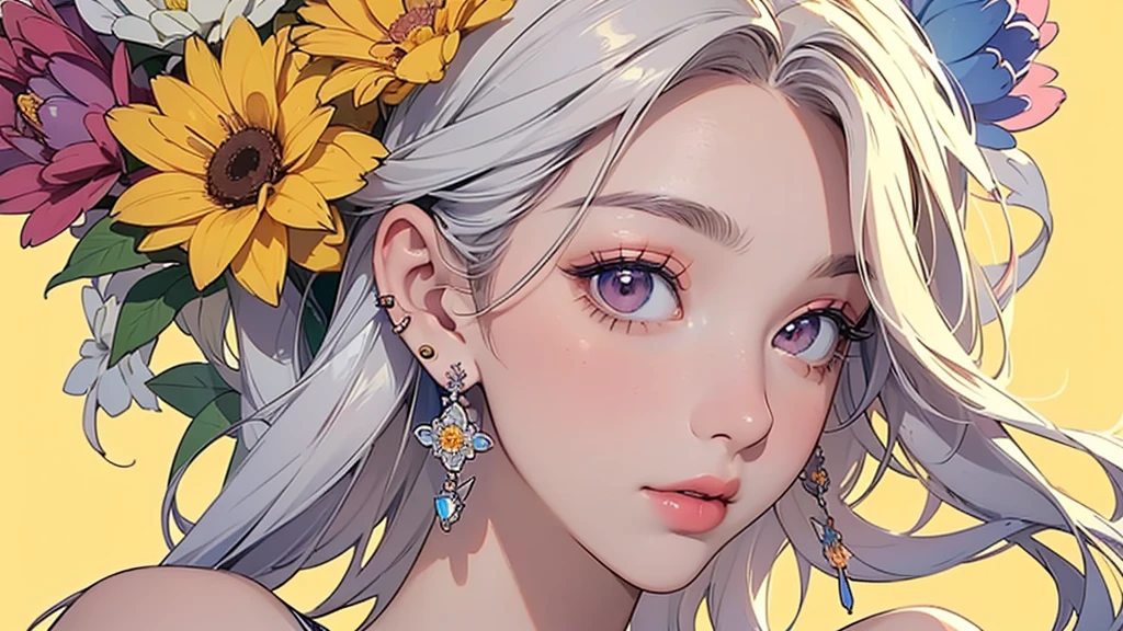 32K, 最高quality, 最高masterpiece, (ultra-Detailed Background, Detailed Background), High resolution, Super detailed, Very detailedな, 1 personの, (bouquet:1.3), (Tangled:1.2), (Geometric:1.2),(colorful),(masterpiece, quality, best quality, Official Art, Beautiful and beautiful:1.2), (1 person:1.3), Very detailed,(colorful:1.1)(Flowers:1.3),Most detailed,(Tangled:1.2), whole body, (Abstract background:1.3), (Skin glows), (Many colors:1.4), ,(Earrings Jewelry:1.5), Pale yellow background, It's imaginative., Milk tea colored hair, Updo,