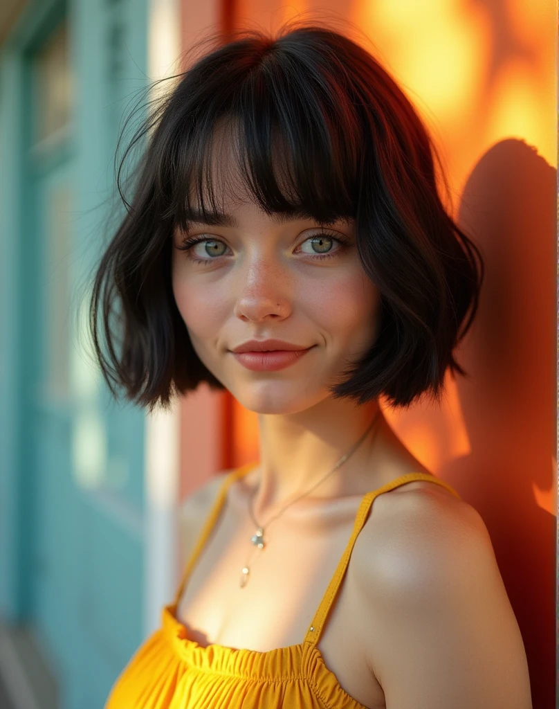RAW photo, best quality, masterpiece, ((photorealistic)), Polish girl, 20 years old, full body, black hair, Light grey eyes, short bob cut, hair in 7 thirds, hair over one ear, Symmetrical eyes, Detailed Skin, Detailed face, Detailed hands, Big Breasts, rip gloss, Photographed in front of a colorful and stylish exterior wall, smiling, sunny, outdoors, detailed background, model-like pose, summer, sunlight, shadow, stylish clothes,