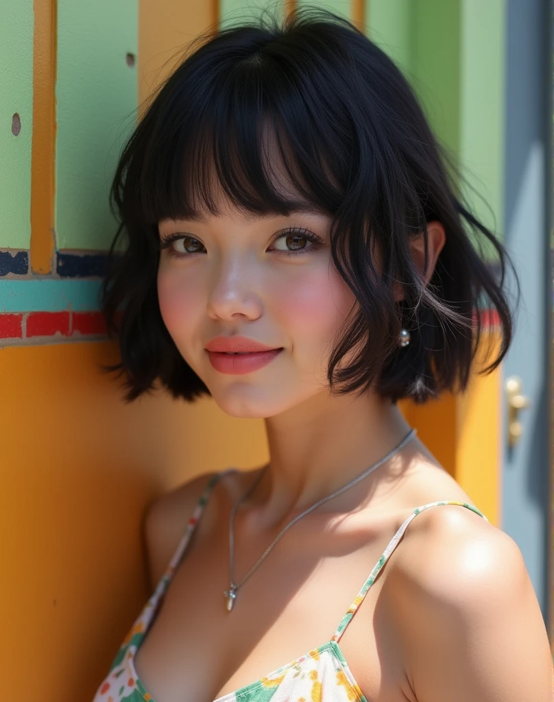 RAW photo, best quality, masterpiece, ((photorealistic)), Polish girl, 20 years old,  full body, black hair, Light grey eyes, short bob cut, hair in 7 thirds, hair over one ear, Symmetrical eyes, Detailed Skin, Detailed face, Detailed hands, Big Breasts, rip gloss, Photographed in front of a colorful and stylish exterior wall, smiling, sunny, outdoors, detailed background, model-like pose, summer, sunlight, shadow, stylish clothes,