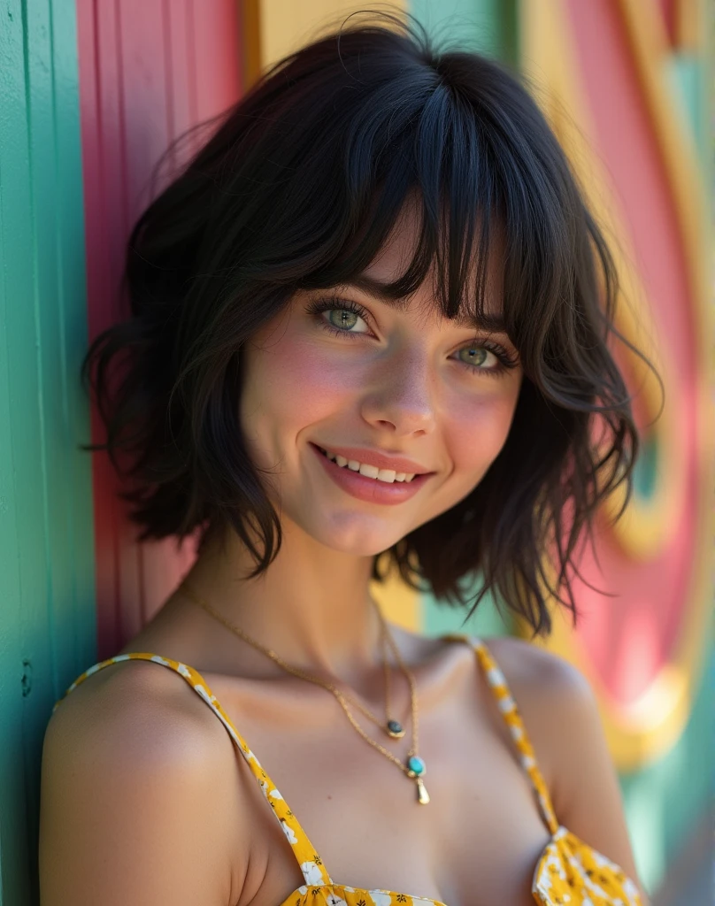 RAW photo, best quality, masterpiece, ((photorealistic)), Polish girl, 20 years old, full body, black hair, Light grey eyes, short bob cut, hair in 7 thirds, hair over one ear, Symmetrical eyes, Detailed Skin, Detailed face, Detailed hands, Big Breasts, rip gloss, Photographed in front of a colorful and stylish exterior wall, smiling, sunny, outdoors, detailed background, model-like pose, summer, sunlight, shadow, stylish clothes,