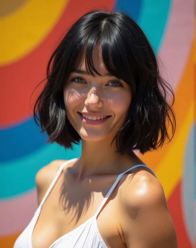 RAW photo, best quality, masterpiece, ((photorealistic)), Polish girl, 20 years old,  full body, black hair, Light grey eyes, short bob cut, hair in 7 thirds, hair over one ear, Symmetrical eyes, Detailed Skin, Detailed face, Detailed hands, Big Breasts, rip gloss, Photographed in front of a colorful and stylish exterior wall, smiling, sunny, outdoors, detailed background, model-like pose, summer, sunlight, shadow, stylish clothes,