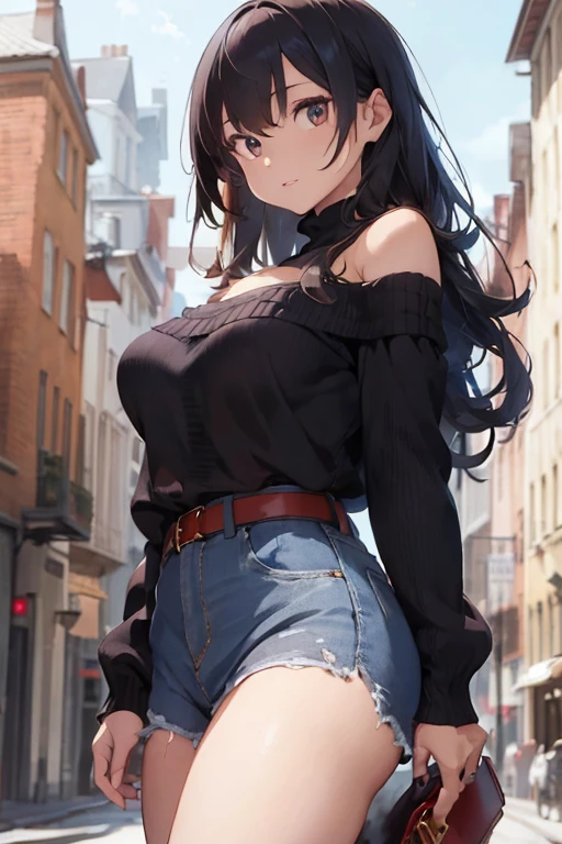 ((Best Quality)), ((masterpiece)), (detailed), 1 girl, off shoulder sweater, blue jeans, neckline, wavy fur,26 years, Red high heels, big breasts,wide hip,((view from below)),(Whole body))