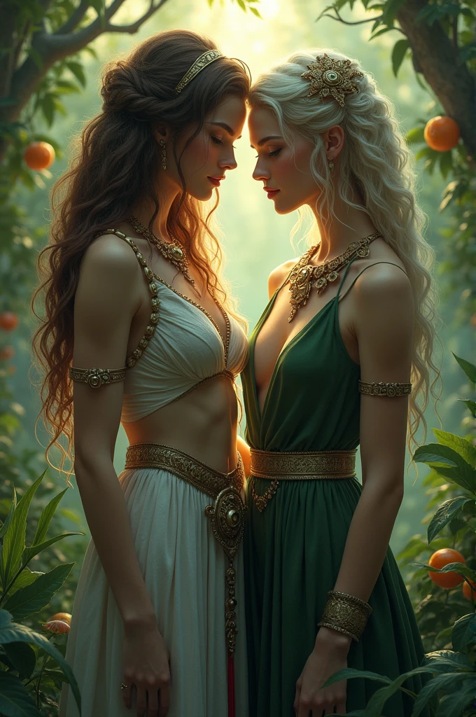 An image of Lilith and Adam side by side in the Garden of Eden. Lilith is represented as an independent woman, perhaps with a determined and different look from Eve.