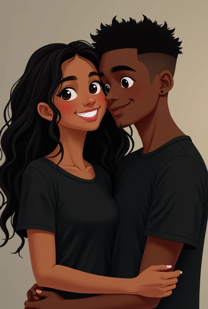 Light brown teenage girl,big black eyes with long loose wavy black hair smiling, wearing a black blouse. abraçando um garoto adolescente moreno cacheado curto com as laterais raspadas olho pequeno brinco na orelha wearing a black blouse