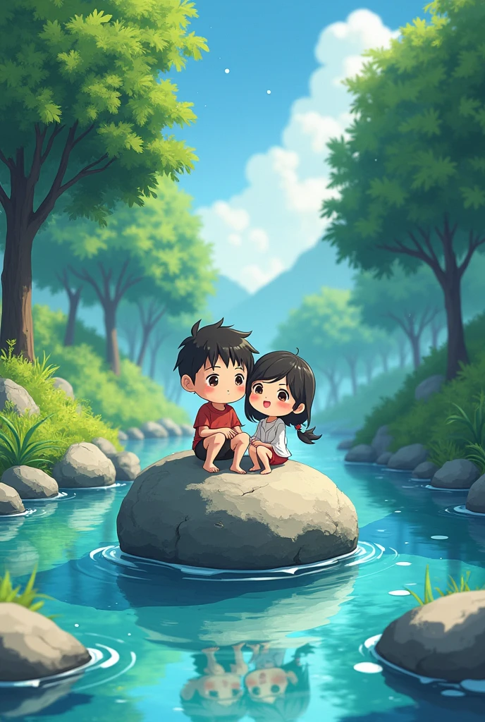 Picture, boy, girl, sitting on a rock in the middle of the river, anime,