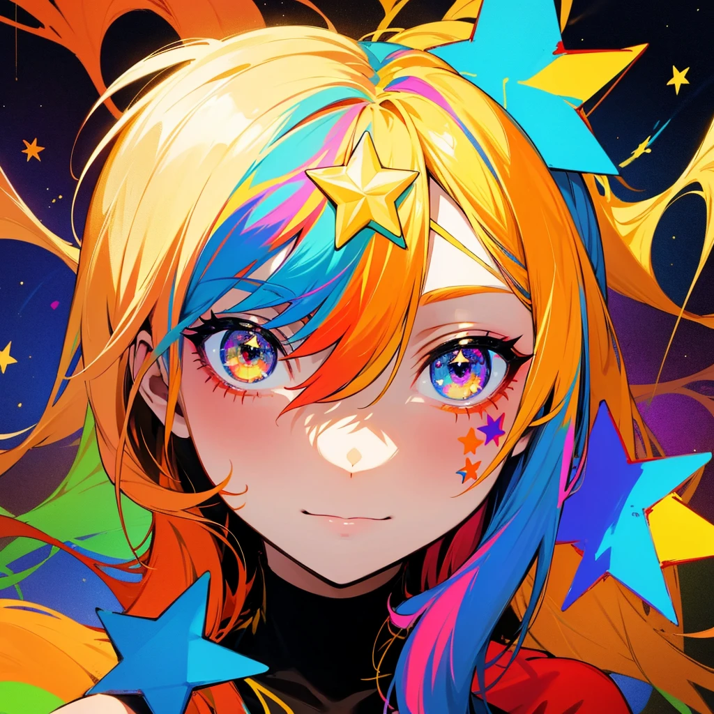 Colorful, colorful star tatoos on face, star eyes, Colorful eyes, Golden Hair, Wall stained in colorful paint background