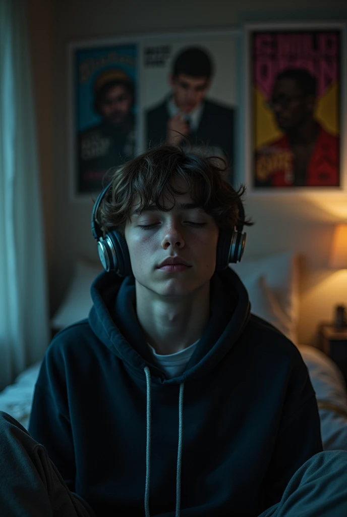 A boy listening to music in his room in the dark, with posters of, The Beatles, thelonius monk, Wu-Tang clan.