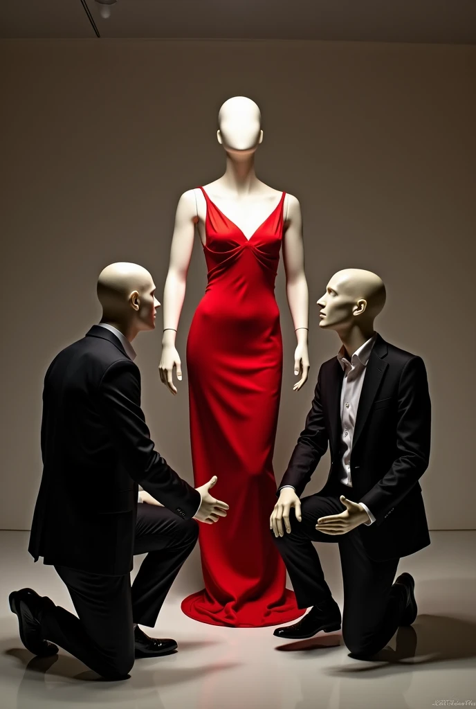 (highly detailed)
Image of alot of mannequin figure ( girls especially but don't make face of girls don't make eyes lips nose eye brows just round face and hair make it animated and mysterious) but make them wearing typical tight long red bodycon dress revealing cleavage and thigh 
