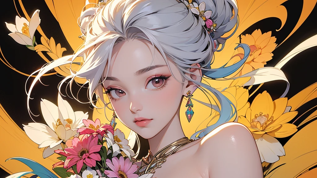 32K, 最高quality, 最高masterpiece, (ultra-Detailed Background, Detailed Background), High resolution, Super detailed, Very detailedな, 1 personの, (bouquet:1.3), (Tangled:1.2), (Geometric:1.2),(colorful),(masterpiece, quality, best quality, Official Art, Beautiful and beautiful:1.2), (1 person:1.3), Very detailed,(colorful:1.1)(Flowers:1.3),Most detailed,(Tangled:1.2), whole body, (Abstract background:1.3), (Skin glows), (Many colors:1.4), ,(Earrings Jewelry:1.5), Pale yellow background, It's imaginative., Milk tea colored hair, Updo,
