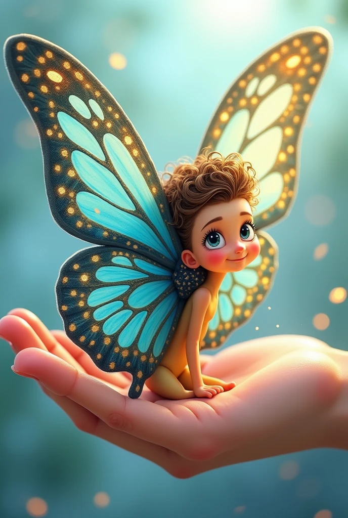 A fantasy butterfly in hand-drawn cartoon style., Whole body, with curly hair, eyes with a tender look, Long eyelashes and a nice smile., Large butterfly wings with blue and gold waves. Flying in profile