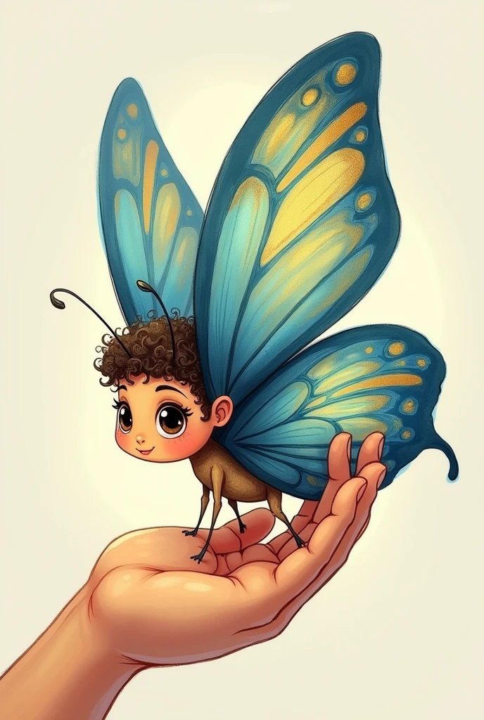 A fantasy butterfly in hand-drawn cartoon style., Whole body, with curly hair, eyes with a tender look, Long eyelashes and a nice smile., Large butterfly wings with blue and gold waves. Flying in profile