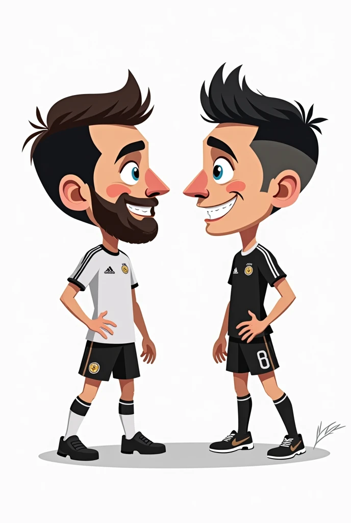 Create a photo of Messi next to Cristiano Ronaldo in cartoon form with few details in black and white