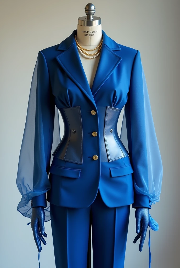 Generate a look from a blue suit, with a blue corset at the waist over the suit , a pair of blue straight-cut pants, a long sleeve shirt 50 % transparentes e azul e por baixo do terno e uma luva do mesmo material da camisa 50% transparentes. The fabric of the suit and pants must be tailored. The mannequin must be . A minimalist gold pearl choker necklace.
