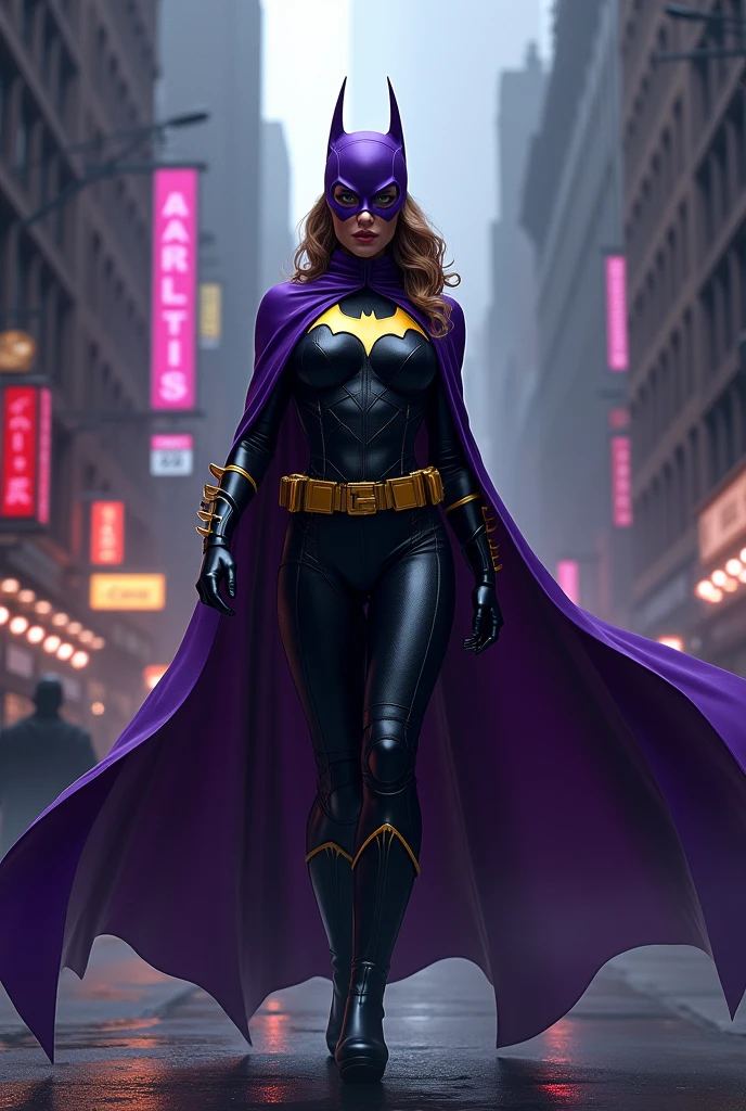 Batgirl, black mask and cape, purple and gold scheme