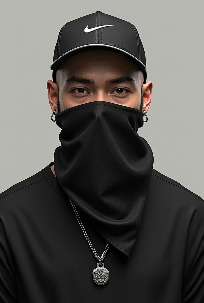 Realistic image of an 18-year-old taking a selfie with a cell phone, white skin tone, black shirt, silver chain, black nike brand cap all black curved brim, big black bandana around throat. shaven hair, and the cell phone covering the face.